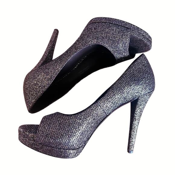 Vera Wang Selima Peep Toe Glitter High Heel Pumps Silver 9 - Picture 4 of 8